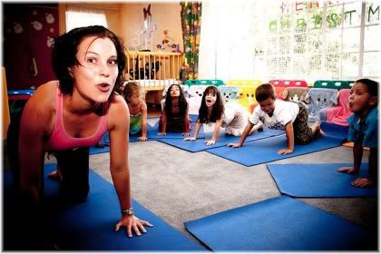 woman doing exercise with children