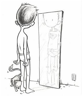 boy looking in mirror